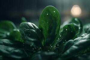 gedeihen Spinat Pflanzen kultiviert unter künstlich uv Licht im ein Labor Rahmen ai generiert foto