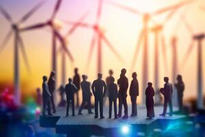 Kollaborativ Gruppe Arbeiten auf verlängerbar Energie Konzept mit Wind Turbinen im Hintergrund ai generiert foto