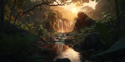 Illustration von ein tropisch Wasserfall im das Regenwald beim Sonnenuntergang ai generiert Inhalt foto
