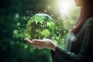 Grün Energie halten das Welt im Ihre Hände ai generiert foto