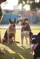 ein Pack von spielerisch Hunde im ein städtisch Hund Park ai generiert foto