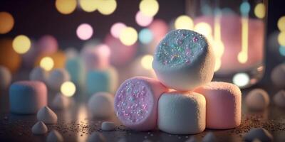 Regenbogen bunt Marshmallows funkelnd Bokeh Süßigkeiten Illustration ai generiert foto