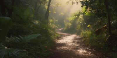 wandern durch das üppig Regenwald ein Pfad weniger gereist ai generiert foto