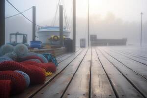 neblig Morgen auf das Seebrücke Angeln Ausrüstung und Boote ai generiert foto