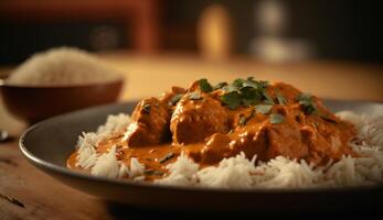 brutzelnd Butter Huhn, aromatisch indisch Gericht, dämpfen auf dunkel Hintergrund ai generiert foto