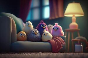 Grusel Film Nacht komisch Hühner Aufpassen ein unheimlich Film auf das Couch ai generiert foto