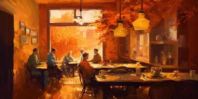 ein warm Abend beim das Cafe ein abstrakt Gemälde im Orange Farbtöne ai generiert foto