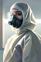 Frau im ein Hazmat schützend passen und Gas Maske. generativ ai foto