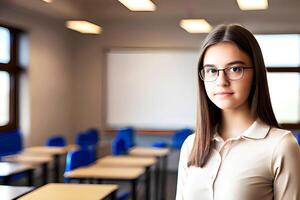 schön jung Frau Schüler im Klassenzimmer. generativ ai. foto