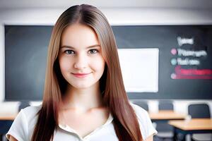 schön jung Frau Schüler im Klassenzimmer. generativ ai. foto