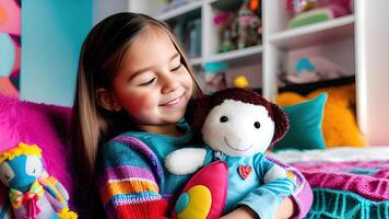 süß wenig Mädchen umarmen Puppe und lächelnd. generativ ai foto