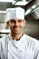 Porträt von ein lächelnd Koch Stehen im das Küche. generativ ai foto