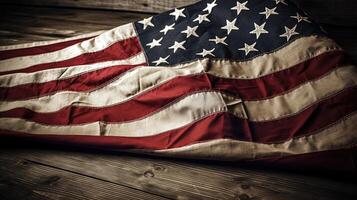 Foto Schuss von USA National Flagge auf hölzern Tabelle zum 4 .. von Juli, Denkmal Tag, Veteranen Tag, amerikanisch Unabhängigkeit Tag Feier Konzept. generativ ai Technologie.