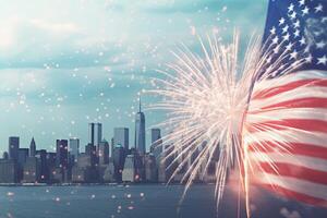 patriotisch Geist von das vereinigt Zustand, Nahansicht von ein amerikanisch Flagge entfaltet mit Feuerwerk auf Horizont Gebäude Hintergrund zum feiern Unabhängigkeit Tag. generativ ai Technologie. foto