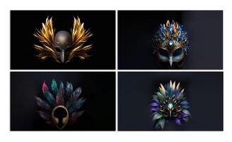 3d machen von Fantasie Karneval oder venezianisch Maske mit Gefieder auf schwarz Hintergrund. foto