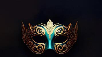 3d machen von golden und blaugrün Party Maske auf schwarz Hintergrund. foto