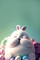3d machen von süß pelzig mollig Hase Charakter umgeben durch Pastell- Farbe Eier Hintergrund. glücklich Ostern Tag Konzept. foto