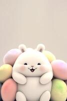 3d machen von komisch mollig Hase Charakter umgeben durch Pastell- Farbe pelzig Eier auf Beige Hintergrund. glücklich Ostern Tag Konzept. foto