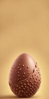 3d machen von Schokolade gepunktet Ei gegen golden Hintergrund und Kopieren Raum. glücklich Ostern Konzept. foto