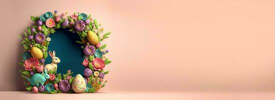 3d machen von bunt Blume, Ei dekorativ kreisförmig Bogen mit Hase Charakter gegen Pastell- Rosa Hintergrund und Kopieren Raum. glücklich Ostern Konzept. foto