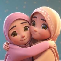 bezaubernd Karikatur Benutzerbild von Muslim Mädchen umarmen und wünsche jeder andere, eid Mubarak Konzept, generative-ai Digital Illustration. foto