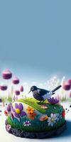 3d machen von süß Vogel Charakter Stehen auf Ei gestalten Blume Landschaft gegen verwischen Himmel Blau Hintergrund und Kopieren Raum. Ostern Tag Konzept. foto