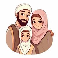 bezaubernd Karikatur Benutzerbild von Smiley Muslim Familie zusammen, eid Mubarak Konzept. generativ ai foto