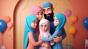 bezaubernd Karikatur Benutzerbild von Muslim Familie umarmen und wünsche jeder andere. eid Mubarak Konzept, generativ ai. foto