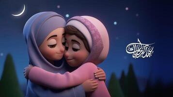 eid Mubarak Banner Design mit bezaubernd Muslim Mädchen Charakter umarmen und wünsche jeder andere im Halbmond Nacht. generativ ai. foto