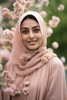 schön Muslim jung Mädchen tragen Hijab auf verwischen Blumen- Hintergrund, generativ ai. foto
