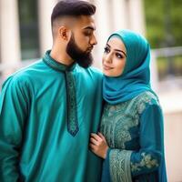 indisch Muslim Paar Charakter tragen traditionell Kleidung, eid Mubarak Konzept. generativ ai. foto