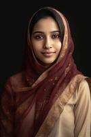 schön indisch Muslim jung Mädchen tragen Kopftücher Hijab auf dunkel Hintergrund, generativ ai. foto