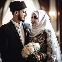 Porträt von Muslim Hochzeit Paar tragen traditionell Kleidung während das Ehe Zeremonie, generativ ai. foto