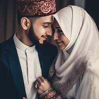 Porträt von Muslim Hochzeit Paar tragen traditionell Kleidung, generativ ai. foto