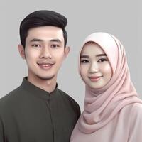 realistisch Porträt von jung Muslim asiatisch Paar tragen traditionell Kleidung, generativ ai. foto