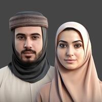 attraktiv jung arabisch Paar Charakter tragen traditionell Kleidung, generativ ai. foto