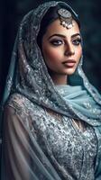 realistisch Aussicht von sehr attraktiv jung islamisch indisch Frau tragen Hijab und mangtika. generativ ai Illustration. foto