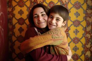 glücklich jung Junge umarmt seine Mutter gegen auf Arabeske Hintergrund. generativ ai Illustration. foto