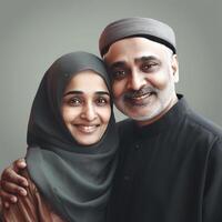 realistisch Porträt von Mitte Alter Muslim Paar umarmen, generativ ai. foto