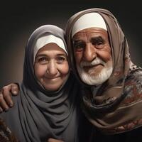realistisch Porträt von arabisch alt Paar tragen traditionell Kleidung, generativ ai. foto