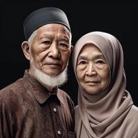 realistisch Porträt von Muslim asiatisch alt Paar tragen traditionell Kleidung, generativ ai. foto