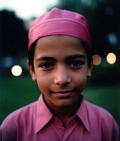 realistisch Aussicht von jung indisch Muslim Junge tragen Schädel Deckel und traditionell Kurta auf verwischen Natur Hintergrund. generativ ai Illustration. foto