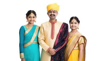 realistisch Porträt von indisch Familie tragen traditionell Kleidung und zeigen ihr Kultur, generativ ai. foto
