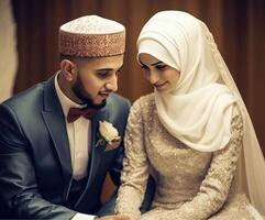 liebend jung Muslim Paar Charakter während Zeremonie generativ ai. foto