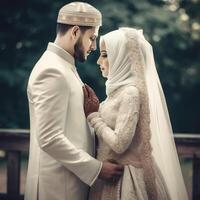 Porträt von Muslim Hochzeit Paar tragen traditionell Kleidung, generativ ai. foto