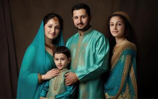 indisch Muslim Familie tragen traditionell Kleidung im Türkis und golden Farbe während eid Feier, generativ ai. foto