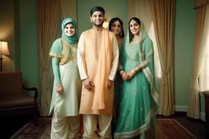 glücklich Muslim Familie Charakter tragen traditionell Kleidung während eid Feier, generativ ai. foto