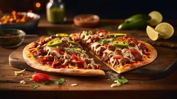 Fotografie von köstlich geröstet Hähnchen Taco Pizza auf hölzern Schneiden Tafel zum schnell Essen bereit zu Essen Konzept. Vorlage oder Banner zum Restaurant. generativ ai. foto