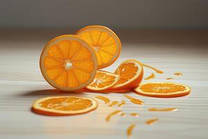 Scheibe Schnitt von saftig frisch Orange auf Pastell- braun Hintergrund. nahrhaft Früchte wie gesund Dessert enthält natürlich Vitamine generativ ai. foto