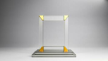 3d machen Glas Rahmen Stand oder Produkt Anzeige Podium auf grau Hintergrund. foto